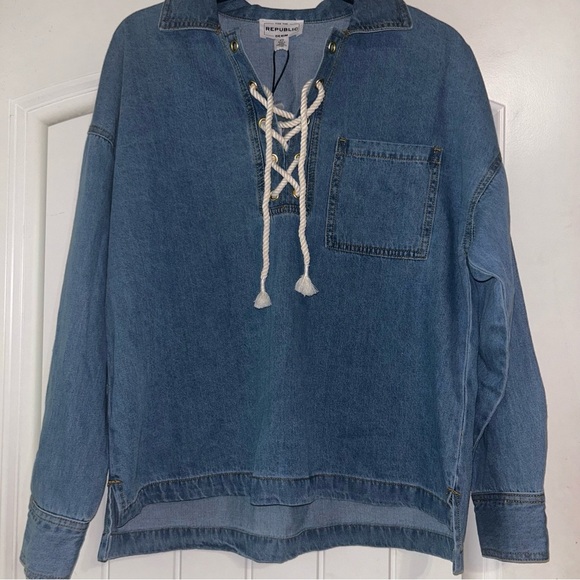 NWT For The Republic Denim Rope Pull Over Long Sleeve Shirt Women’s Small - Picture 6 of 9
